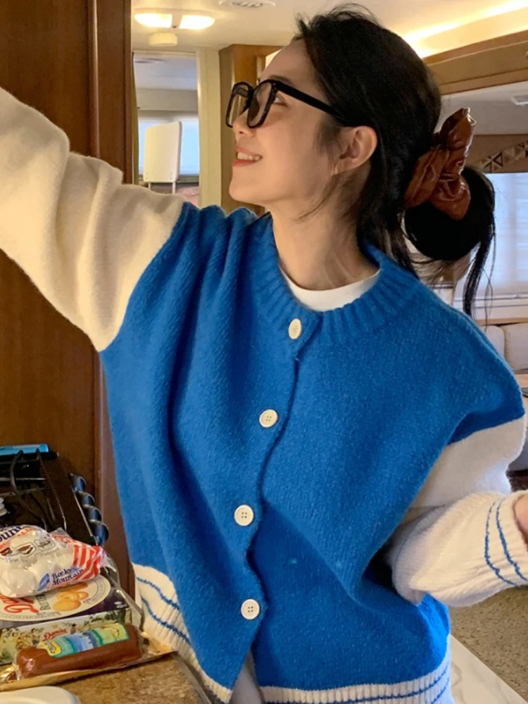 

Korobov Contrast Color O-neck Sweater Female Autumn Winter Knitwears Age-reducing Long-sleeve Cardigan Pull Femme Korean Fashion
