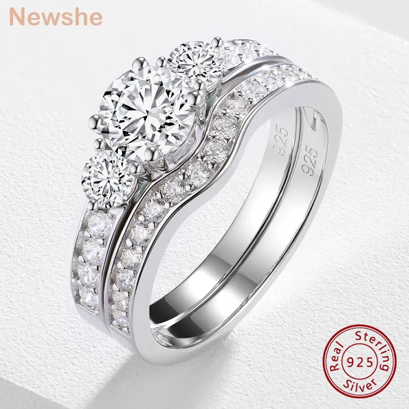 

Newshe Solid 925 Sterling Silver Wedding Rings Set for Women Bridal 3 Associated Stones AAAAA CZ Engagement Ring Classic Jewelry