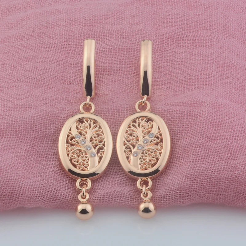 Женские серьги-подвески из розового золота 585 пробы с овальными кристаллами