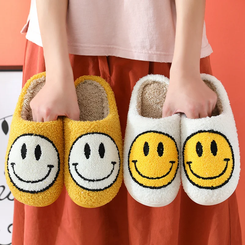 Hot Winter Big Smiley Pattern Women Fur Slippers House Couples Men Fluffy Slides Autumn Warm Plush Bedroom Ladies Cotton Shoes