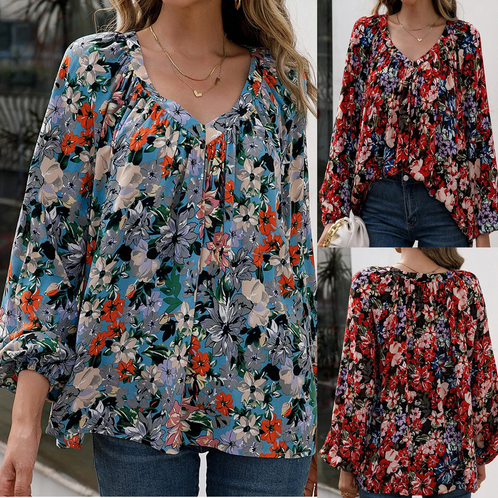 

Female Streetwear Oversized Tops Summer V Neck Long Lantern Sleeve Blouse Casual Women Printing Loose Elegant Shirts Plus Size