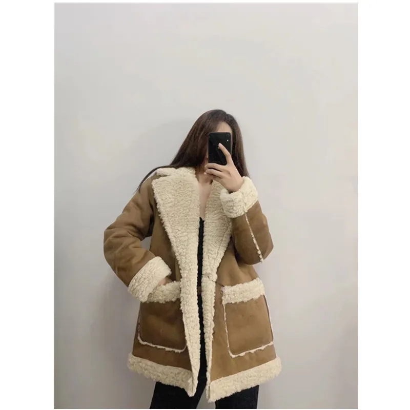 Women's warm thick coat autumn and winter new fur one lamb wool double-sided fleece coat trendy Y1376