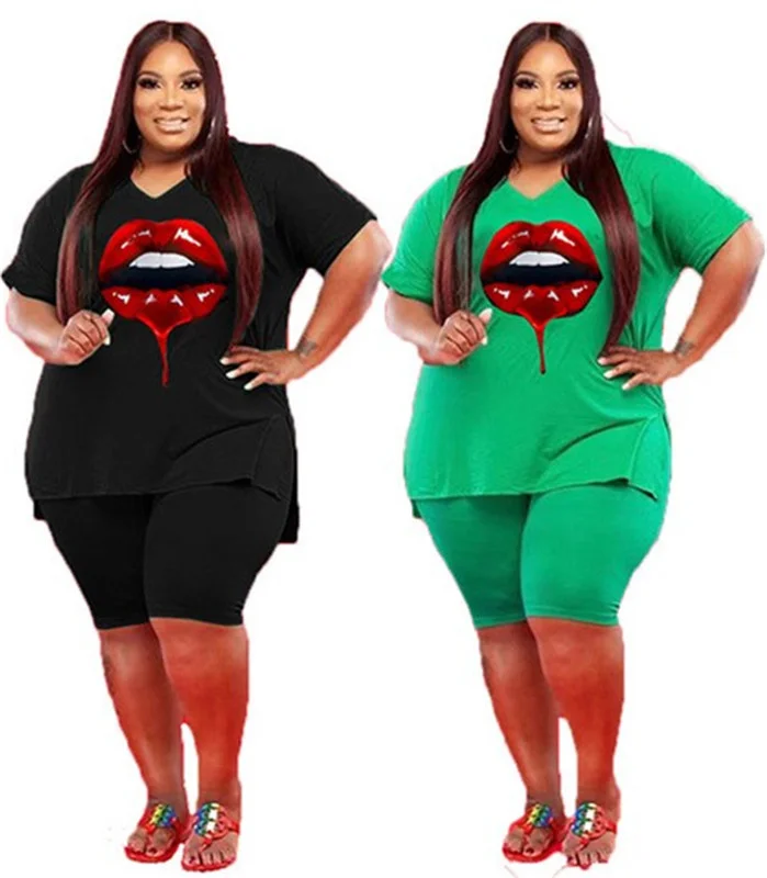 Plus Size Two Piece Set Women Wholesale Clothing Shorts Sets Casual v Neck Lips Print Slip Hem Crop Top and p 3xl 4xl 5xl 6xl