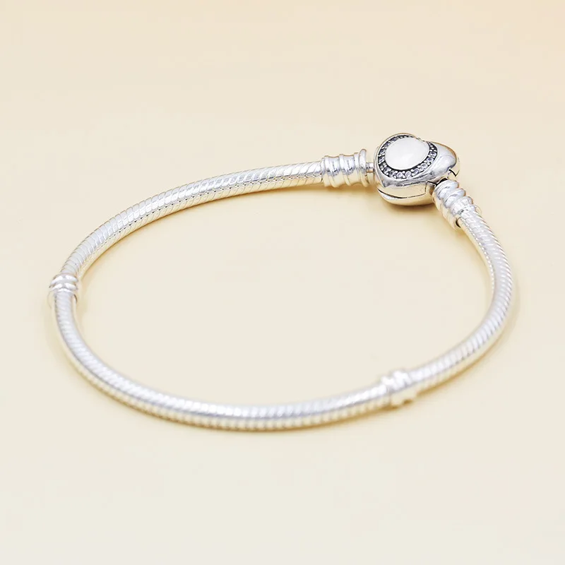 

Original 925 Sterling Silver pan Bracelet Crystal Wishful Heart Snake Chain Bangle Fit Women Bead Charm Diy Jewelry