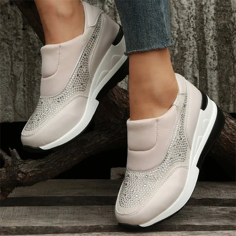 Women Crystal Sneakers Spring Autumn Casual Zipper Flat Shoes Women Non-slip Breathable Outdoor Vulcanized Shoes Woman