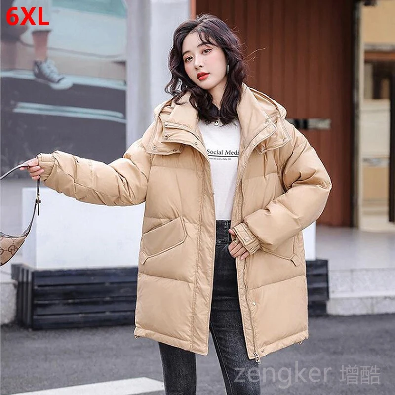 

New style plus size medium and long hooded thickening loose casual down jacket women 6XL 5XL puffer jacket for women