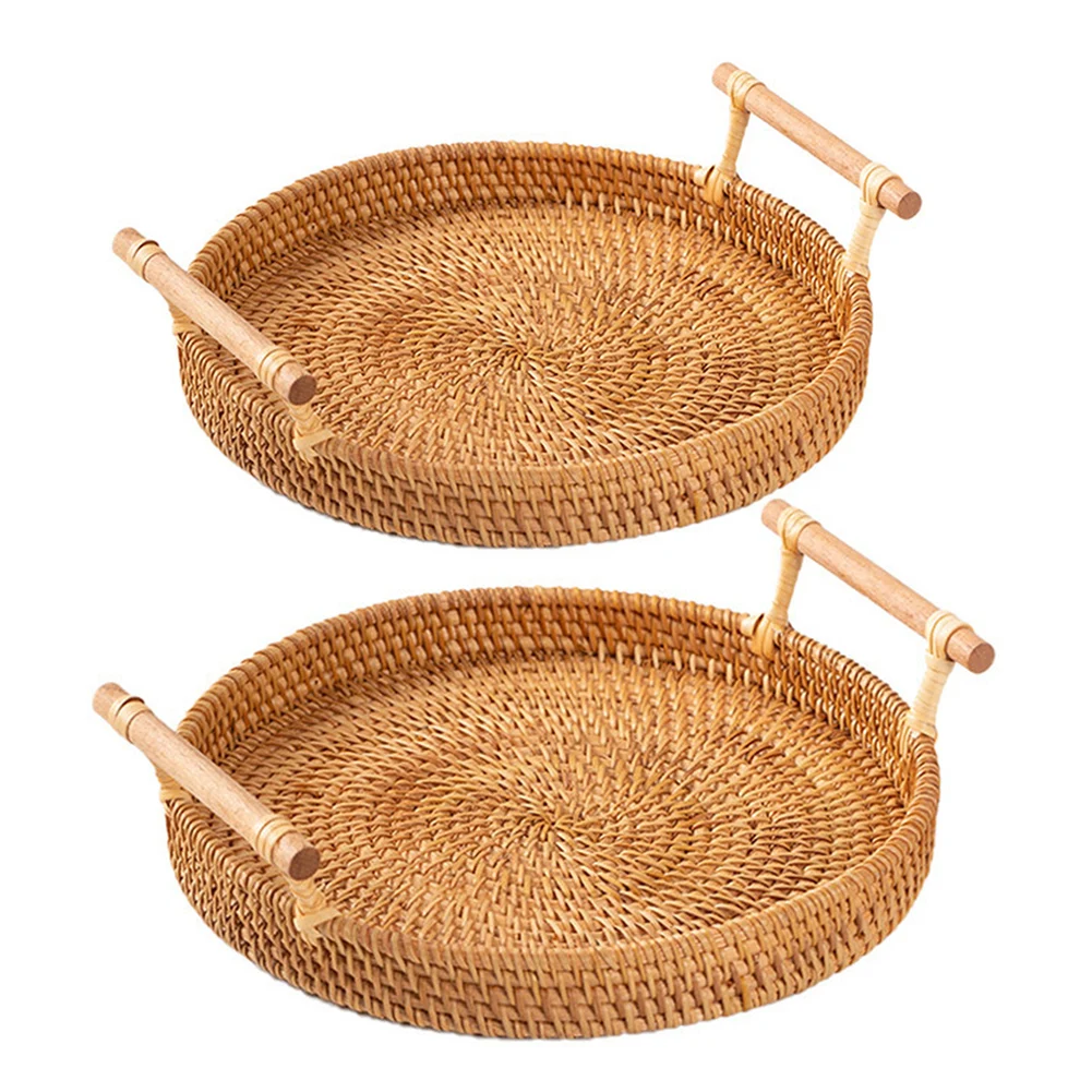 

Breakfast Display Storage Wicker Basket Organizer Rattan Tray with Handle Round Wicker Food Plate Fruit Basket