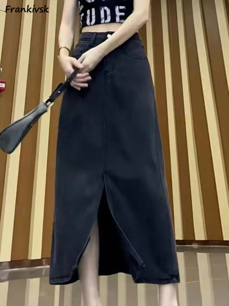 

Юбка женская джинсовая до середины икры, облегающая эластичная однотонная простая элегантная повседневная офисная трапециевидная юбка с разрезом в Корейском стиле, весна-лето