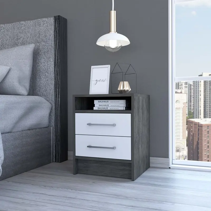 

Malaga Modern Nightstand, White-Gray Painted, 2-Drawers, for Bedroom