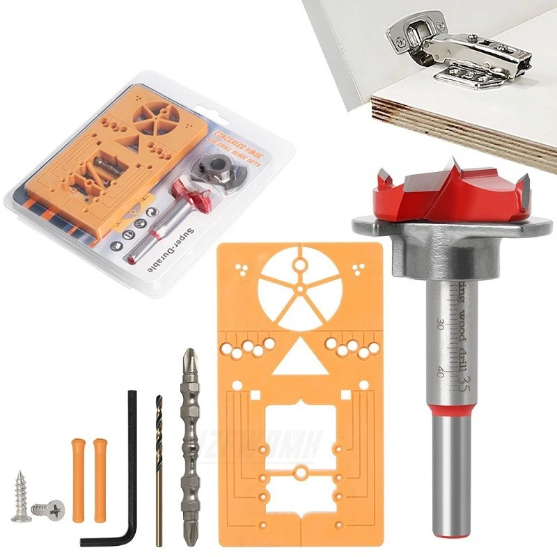 

Hinge Jig Auxiliary Drill Guide Sets 35mm Adjustable Hinge Hole Drill Bit Woodworking Hole Saw Cutter for Hinge Position Tools