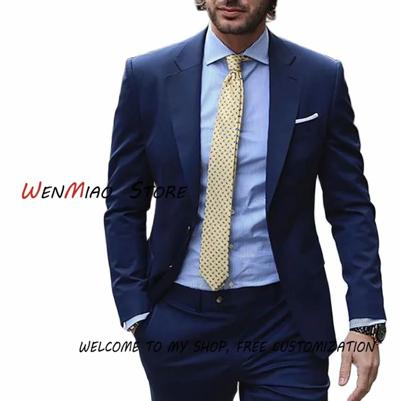 Navy Blue Suits For Men Slim Fit 2 Piece Jacket Pants Set Formal Groom Wedding Prom Tuxedo Male Office Business Blazer