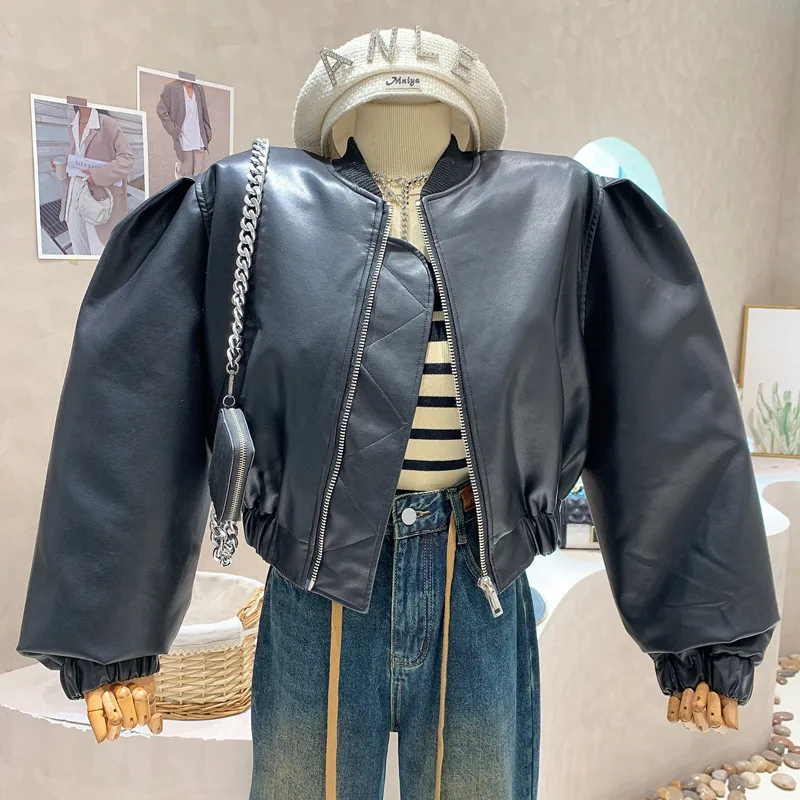 

New Women's Clothing 2022 Autumn Winter Puff long sleeve design short PU leather jacket Pleated coat top
