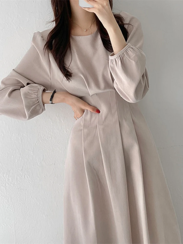 

Women Spring Long Sleeve Slim Waist A-Line Midi Dress Office Lady Casual Pleated Vestdios Female Robe