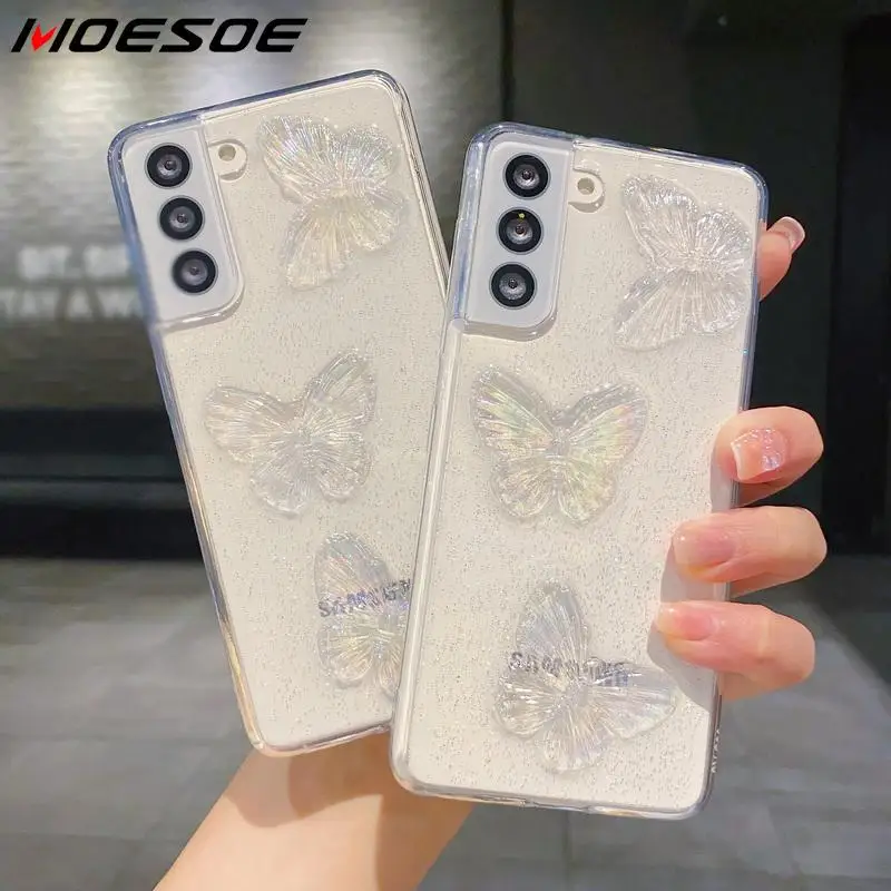 

For Samsung S22 Ultra S21 FE S20 A12 A42 A52 A72 5G A71 A51 A30 A50 A70 3D Bling Butterfly Silicone Soft Case Clear Epoxy Cover