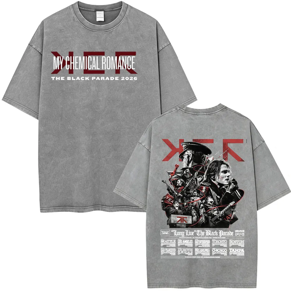 Фото Футболка Rock Band My Chemical Romance с эффектом потертости, коллекция The Black Parade 2026 Tour, мужская одежда, готические свободные футболки, уличный стиль №2