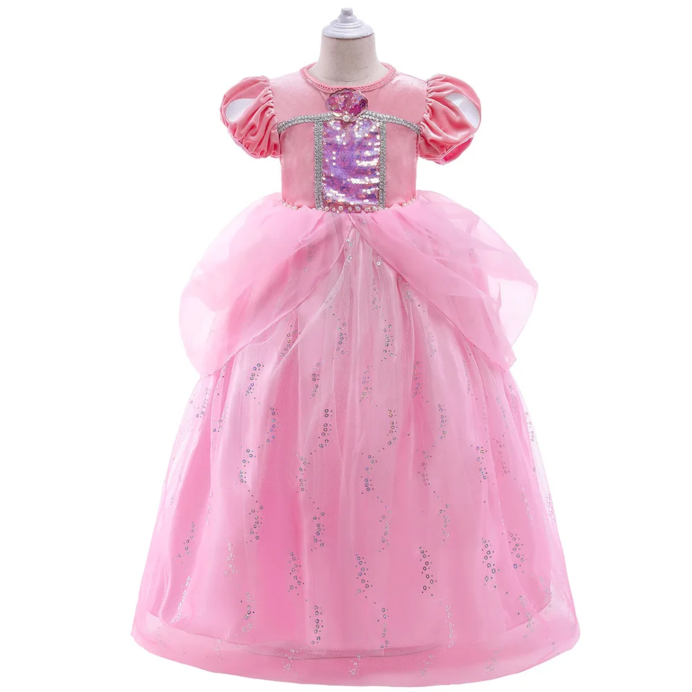 

Frozen Rapunzel Sophia Princess Dress Girls Puff-sleeve Guaze Dress Kid Solid Sequins Long Dress Frozen Snow Queen Cosplay Skirt