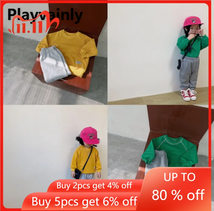 

Осенний комплект из 2 предметов для маленьких девочек и мальчиков, желтая зеленая толстовка с круглым вырезом и длинными рукавами + брюки, мо...