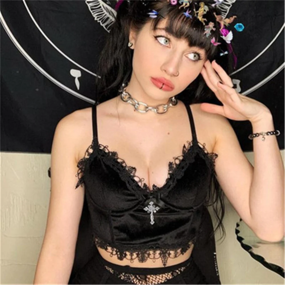 

dinboa- Mall Goth Crop Tops Black Lace Trim Emo Alternative Aesthetic Crop Tops Women Backless Sexy Strap Tanks