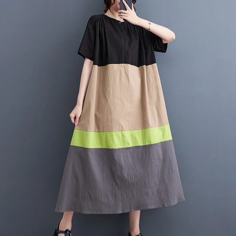 

#3262 Spliced Color Long T-shirt Dress Women Round Neck Buttons Vintage A-line Dress Short Sleeve Loose Retro Midi Dress Summer