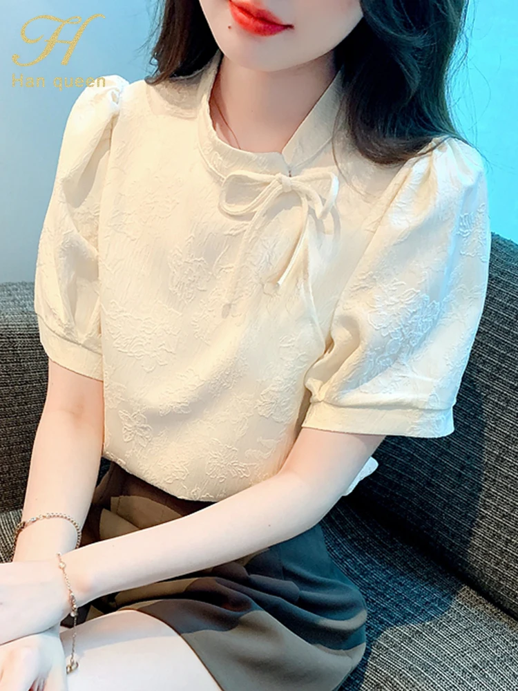

H Han Queen 2023 Summer New Vintage Office Chiffon Blouse Female Shirt Lace-Up Bow Tops Puff Sleeve Casual Women Loose Blouses