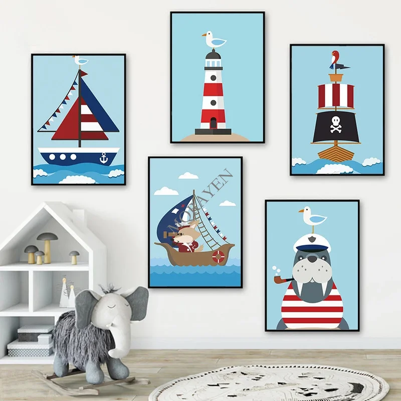 

Modern Cartoon Sailboat Sailor Canvas Painting Art Poster And Print Wall Pictures For Bar Shop Modern Kids Room Home Decoration