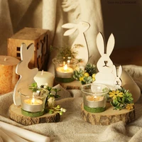 wooden rabbit candle holder pastoral style plant glass candle cup for candlelight dinner desktop ornament rabbit home decoration
