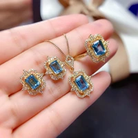meibapj new natural swiss blue topaz gemstone jewelry set 925 pure silver 3 pieces suit wedding jewelry for women