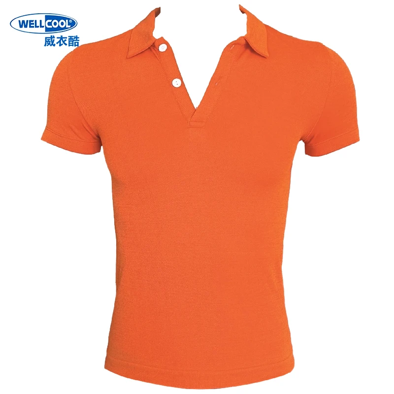 

Merino Wool Men Polo Shirt Short Sleeve Button Tops Breathable Orange Fitness Daily Sports Undershirt Golf Wear Polo T-shirt