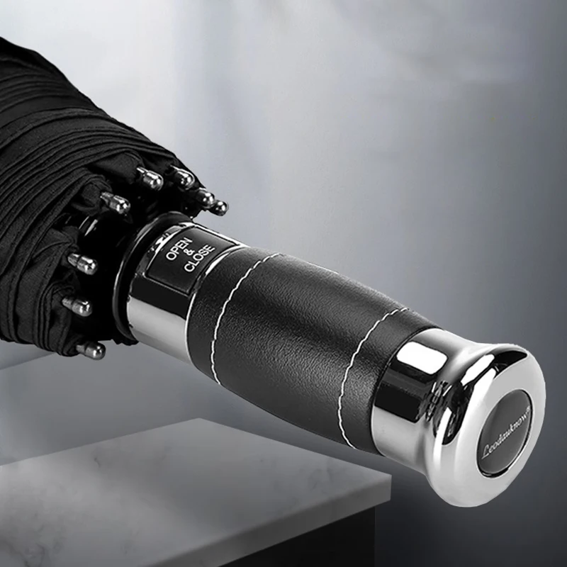 

German Fully Automatic Umbrella Luxury Leather Handle Windproof Sun Protection Umbrella Men Portable Business Folding Umbrellas