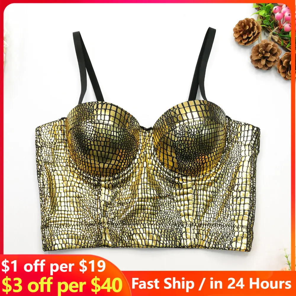 

Flash Snake Pattern Gilded Bra Sexy Wild Fashion Slim Fishbone Small Sling Nightclub Jumpy Hot Top For Woman Gothic Crop Tops