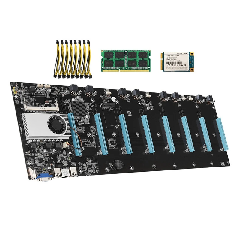 

BTC-S37 Miner Motherboard 8 Graphics Card Slots 65mm Pitch DDR3 8G RAM 128G MSATA SSD Motherboard Set for BTC Mining