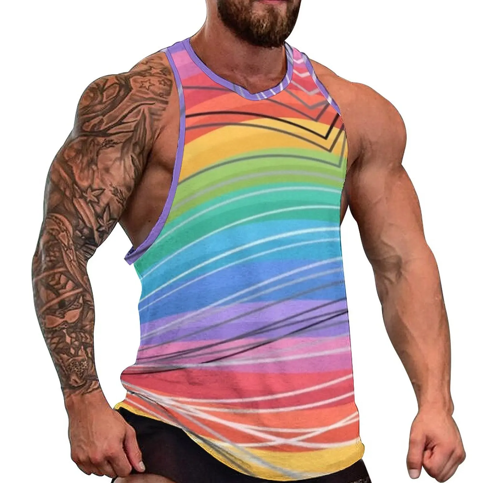 

Geo Print Summer Tank Top Rainbow Stripes Training Tops Males Custom Vintage Sleeveless Vests Plus Size 4XL 5XL
