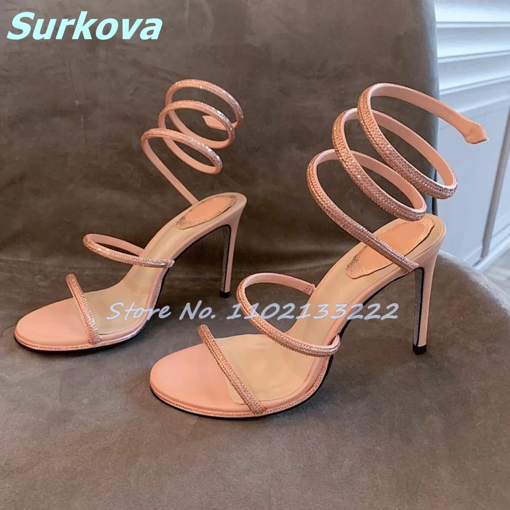 Bling Ankle Wrap Sandals Round Toe Slingbacks Thin High Heels Stilettos Summer Fashion Sexy Luxury Women Shoes Real Pictures