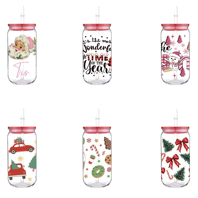 Christmas 16oz Printed PET Cup With Straw Red Lid Santa Claus Cartoon Design Can Hold Coffee Milk Juice Simple To Clean