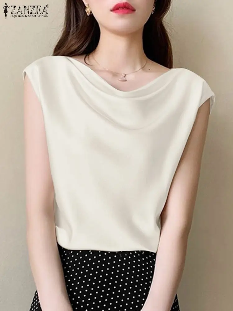 

Stylish Women Sleeveless Tanks Tops ZANZEA Summer Elegant Stain Blouse Office Lady Shirt Casual Solid Camis Blusas Femininas