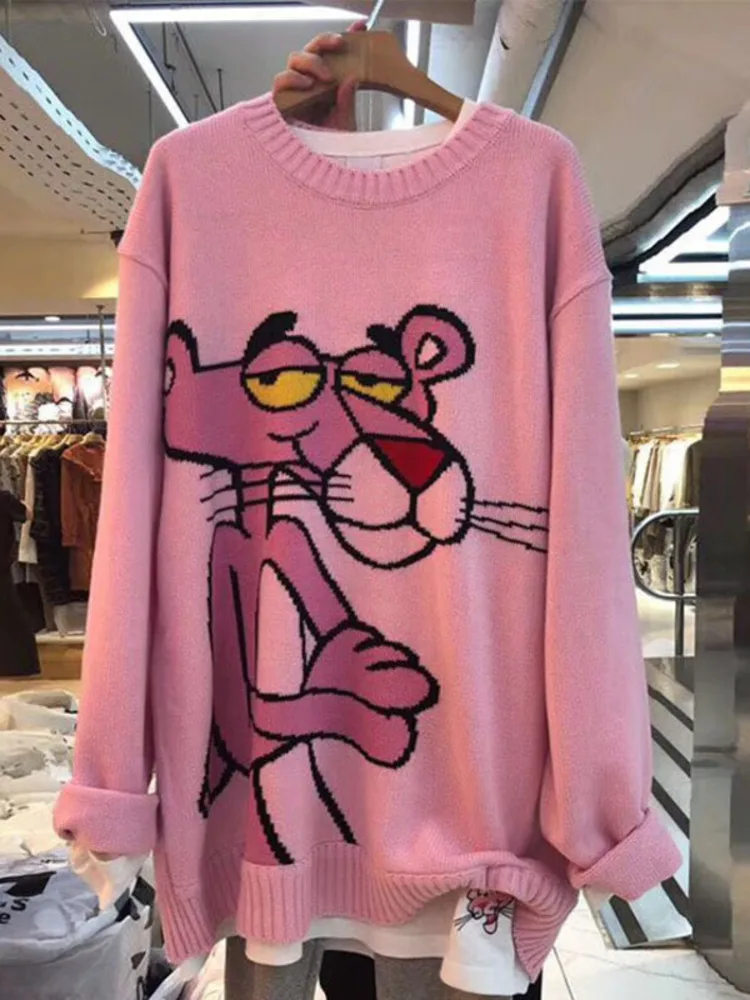 Свитер Женский вязаный с леопардовым принтом круглым вырезом свободный в