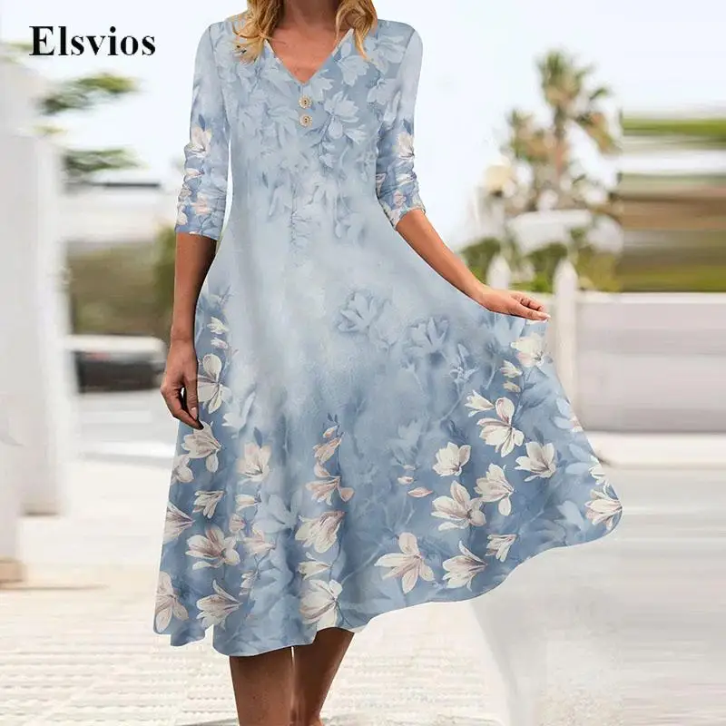 

Autumn Women Sexy V Neck Button Long Dress Spring Casual Long Sleeve A-Line Dress Vintage Floral Print Female Slim Party Dresses