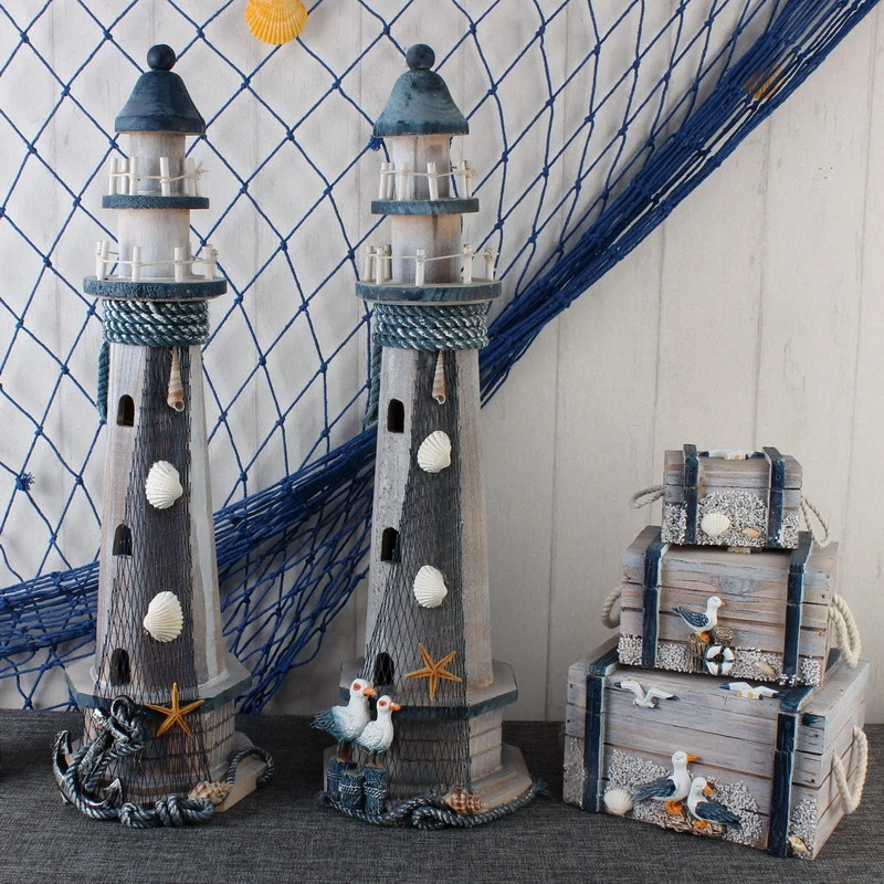 

50CM Wood Lighthouse Decor Mediterranean Wooden Handicraft Home Nautical Decorations Creativity Marine Style Ornaments