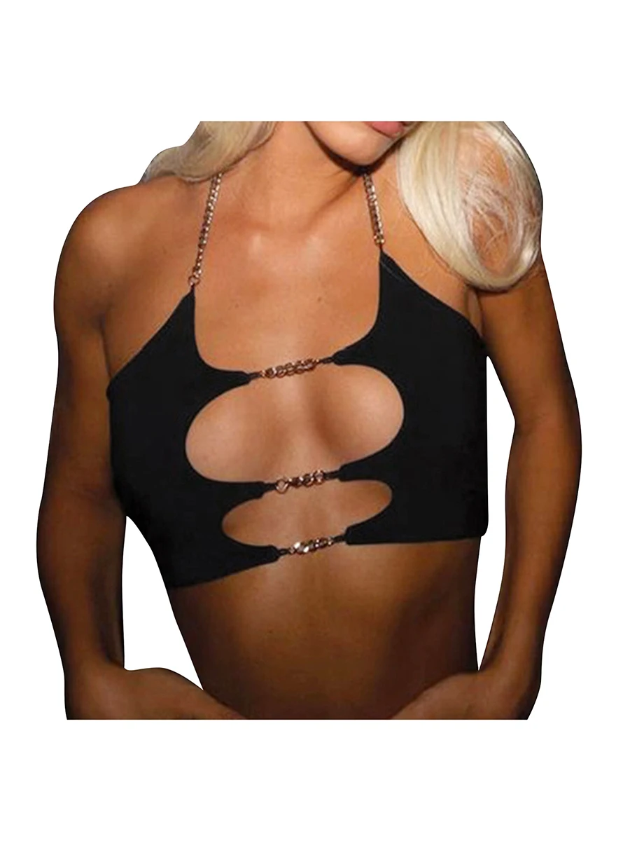 

Women s Sexy Metal Chain Halterneck Tops Solid Color Sleeveless Backless Cutout Crop Tops for Summer