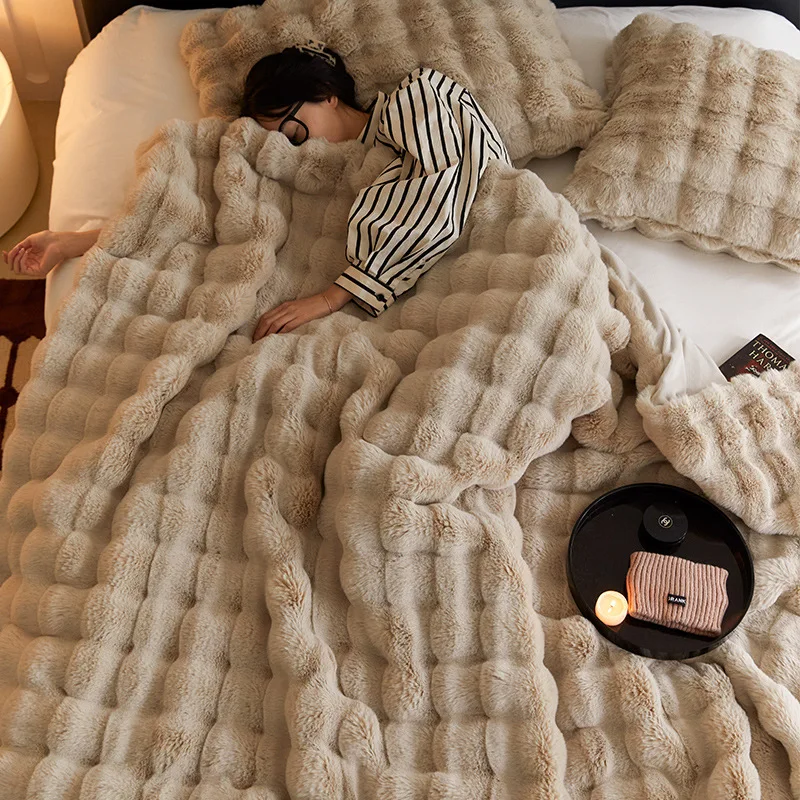 Fuzzy Plush With Reversible Mink Blanket For Sofa Bed Home D