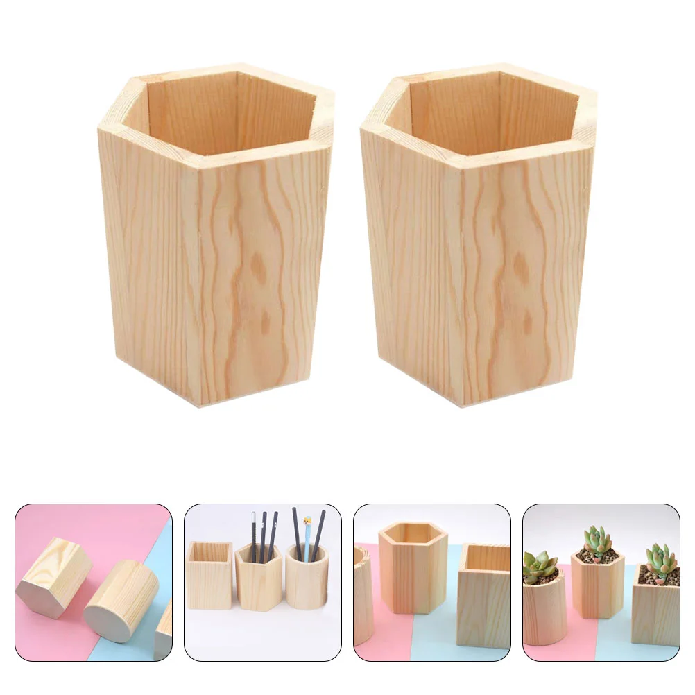 

2 Pcs Pine Pen Holder Wood Succulent Pot Makeup Brush Storage Stationery Organizers Holders Office Tools