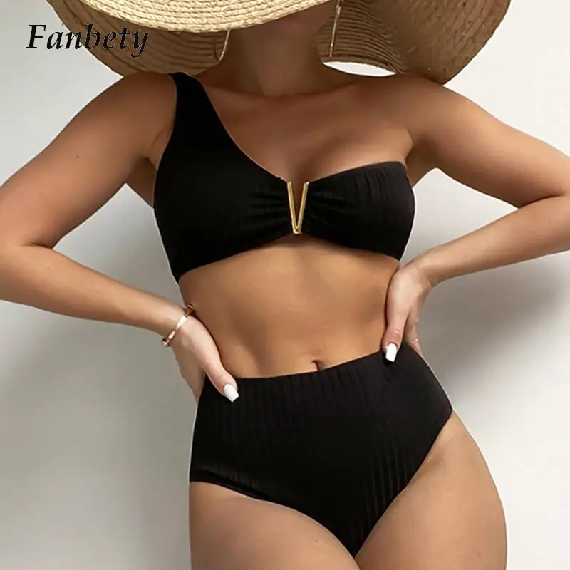 

Соблазнительные комплекты бикини с высокой талией на одно плечо, новинка 2022, однотонный текстурированный купальник в рубчик, женский пляжн...