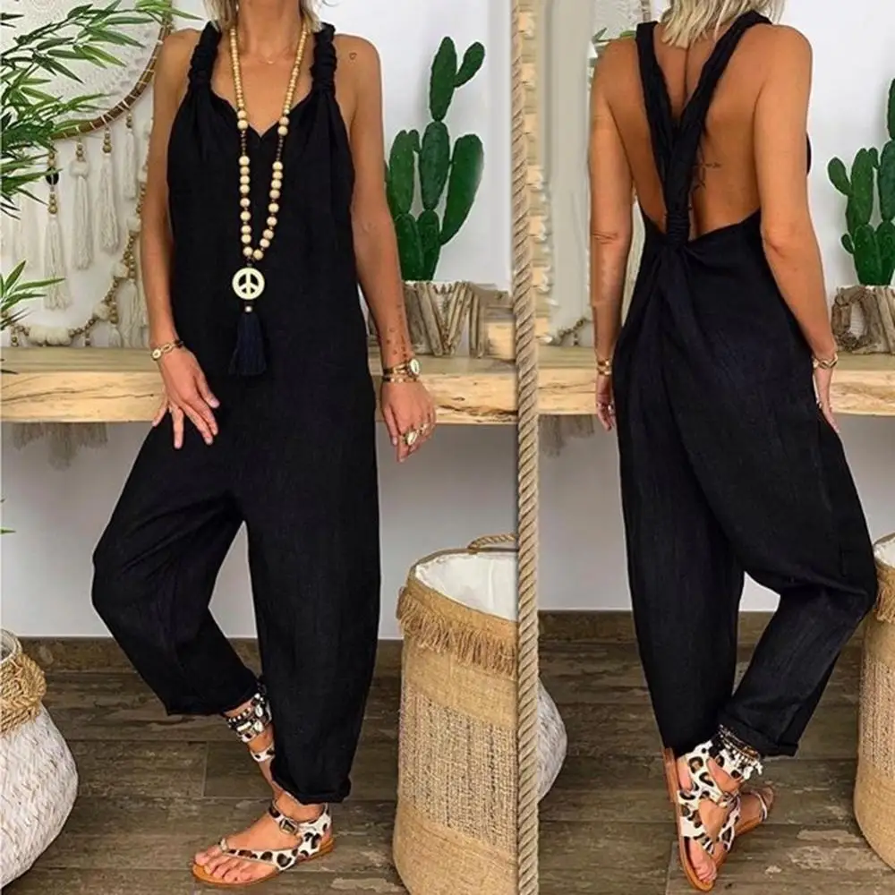 

80% HOT SALES！！！Women Solid Color Bib Overall Sleeveless Backless Knotted Jumpsuit Dungarees