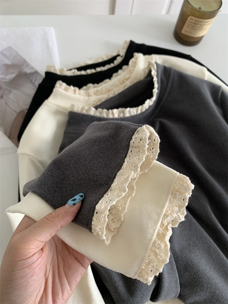 Кружевная бархатная базовая рубашка с длинными рукавами для женщин утолщенной