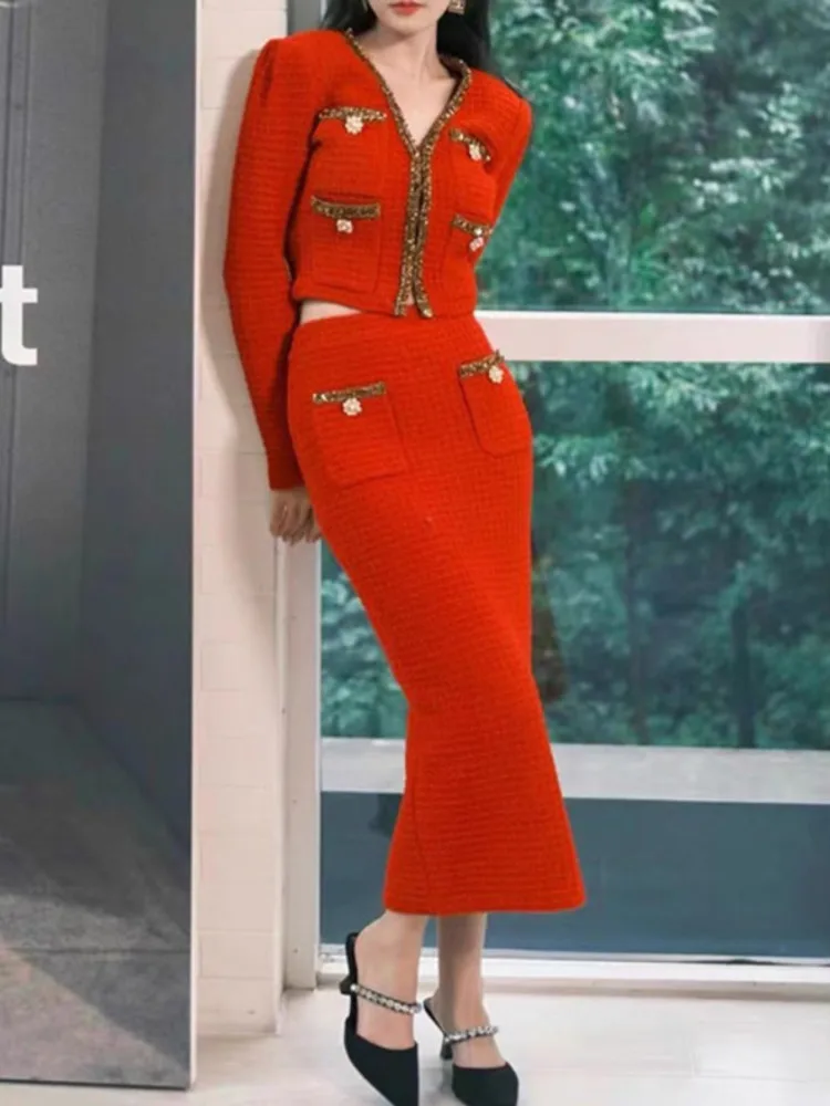 QMQA Модные женские твидовые комплекты из 2 предметов с v-образным вырезом и