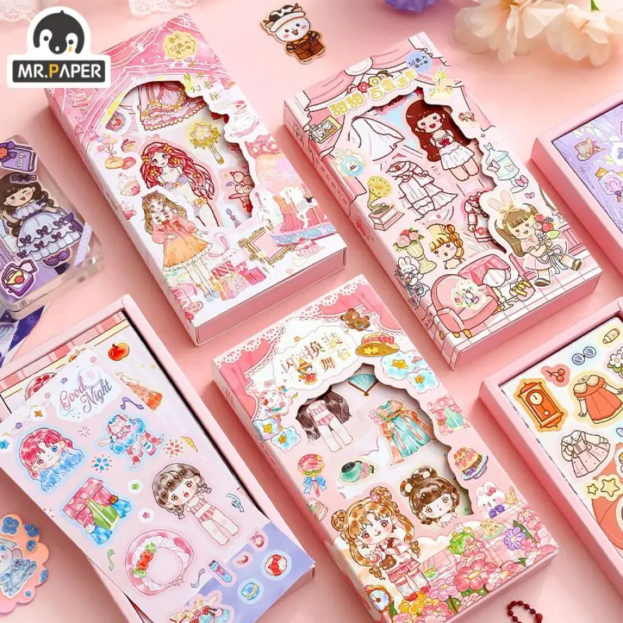 Mr. Paper 50Pcs/box Cute Stickers Characters Creative Girls Dressing Scrapbook Decoration Stationery Kawaii Stickers Supplies