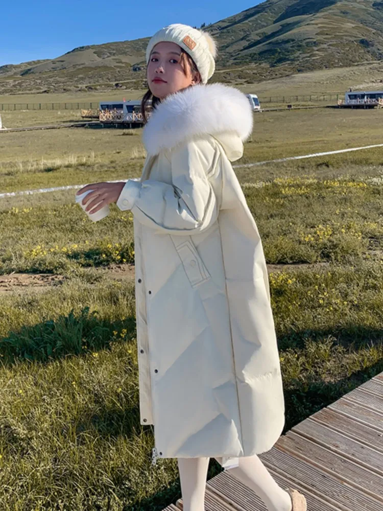 Winter Women's Purple Cotton Coat Casual Thick Warm Fur Collar Hooded Long Parkas Female Fashion Outwear 2022 New