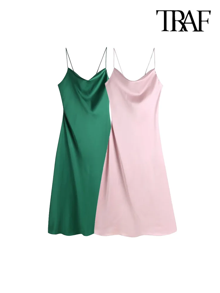 

TRAF Women Fashion Ruched Satin Midi Dress Vintage Backless With Tied Thin Straps Female Dresses Vestidos Mujer