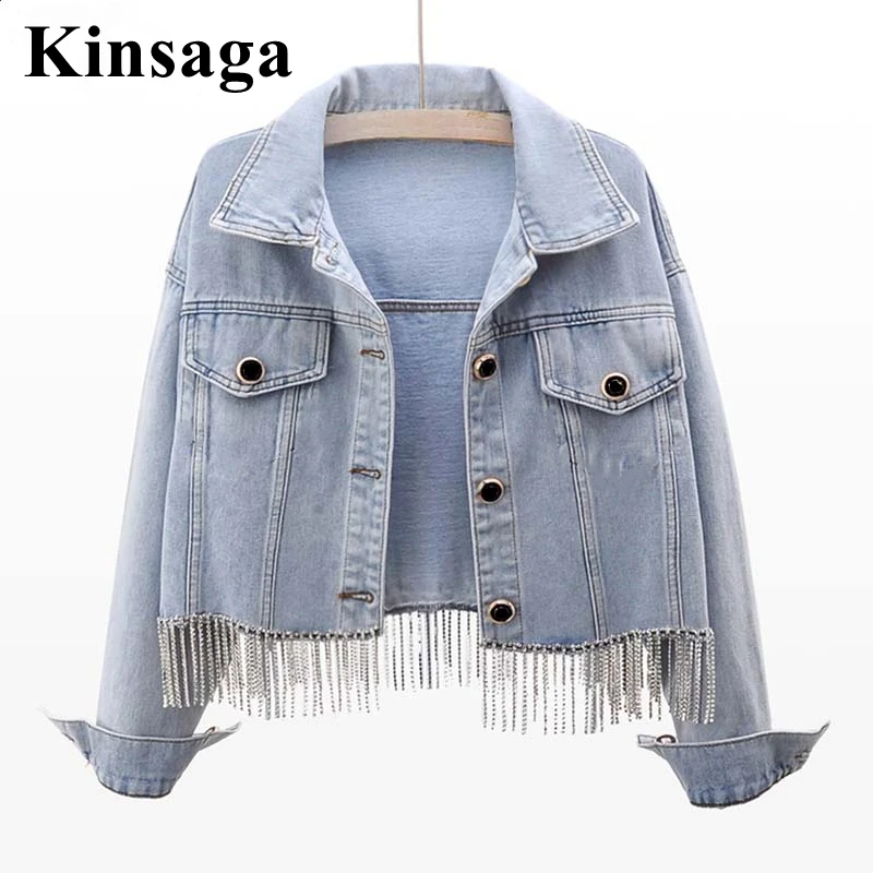 

Spring Elegant Tassel Beading Short Denim Jackets Rhinestone Chain Beaded Belt Jean Jacket Women Hipsters Korean White Blue Coat