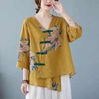 loose retro button ladies top spring summer womens clothes v neck shirt cotton linen chinese style costume ethnic clothing